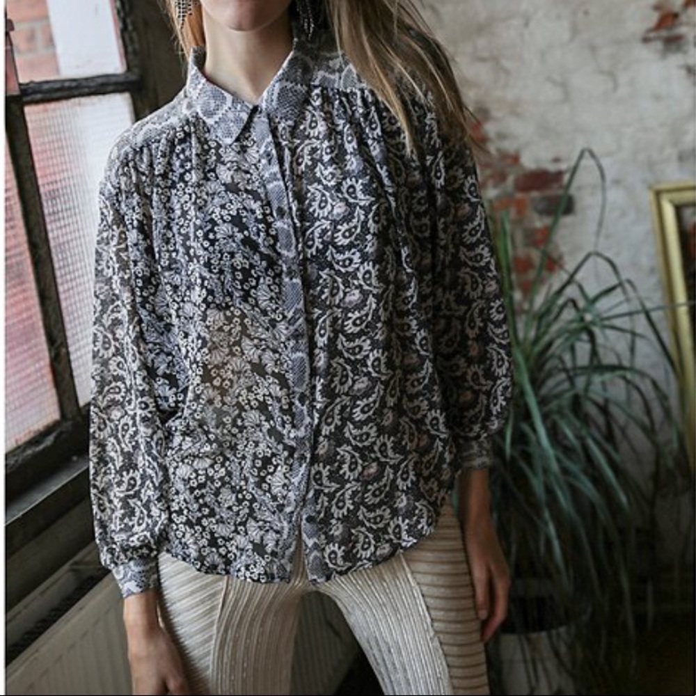 Free People Black and White Floral Blouse